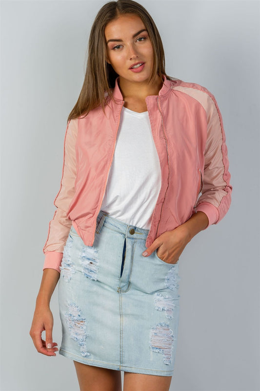 Ladies fashion color block stand collar zipper long sleeve bomber jacket