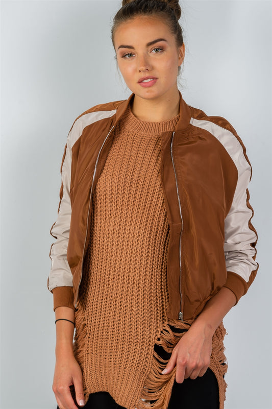 Ladies fashion color block stand collar zipper long sleeve bomber jacket