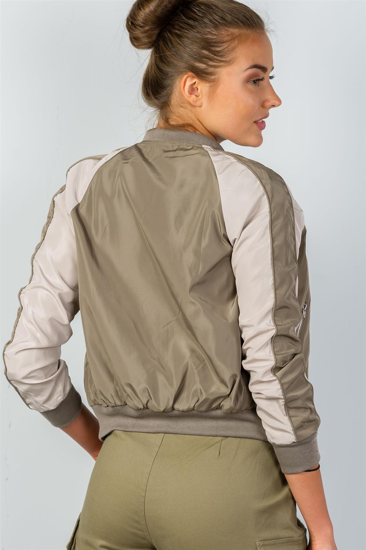 Ladies fashion color block stand collar zipper long sleeve bomber jacket