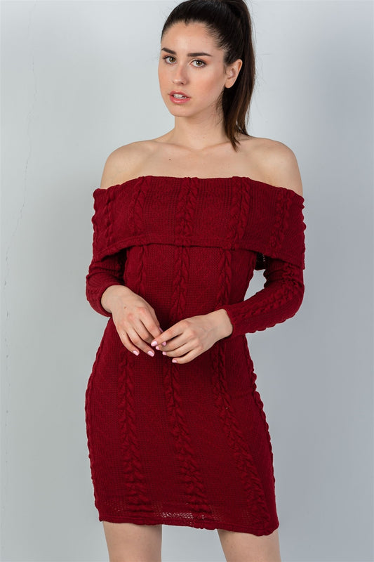 Ladies fashion burgundy ribbed long sleeve bodycon sweater dress