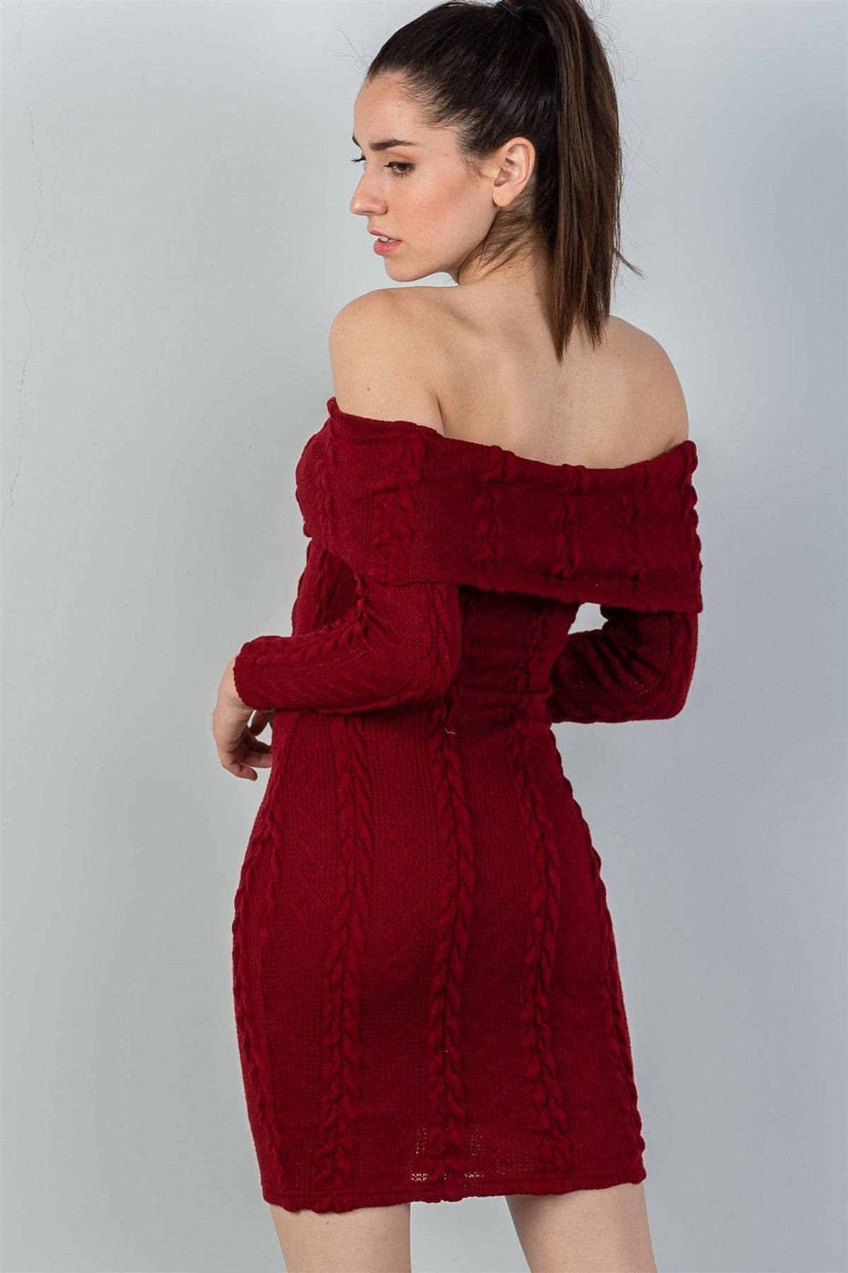 Ladies fashion burgundy ribbed long sleeve bodycon sweater dress