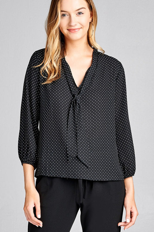 Ladies fashion 3/4 sleeve self bow tie neck back keyhole dot print woven top