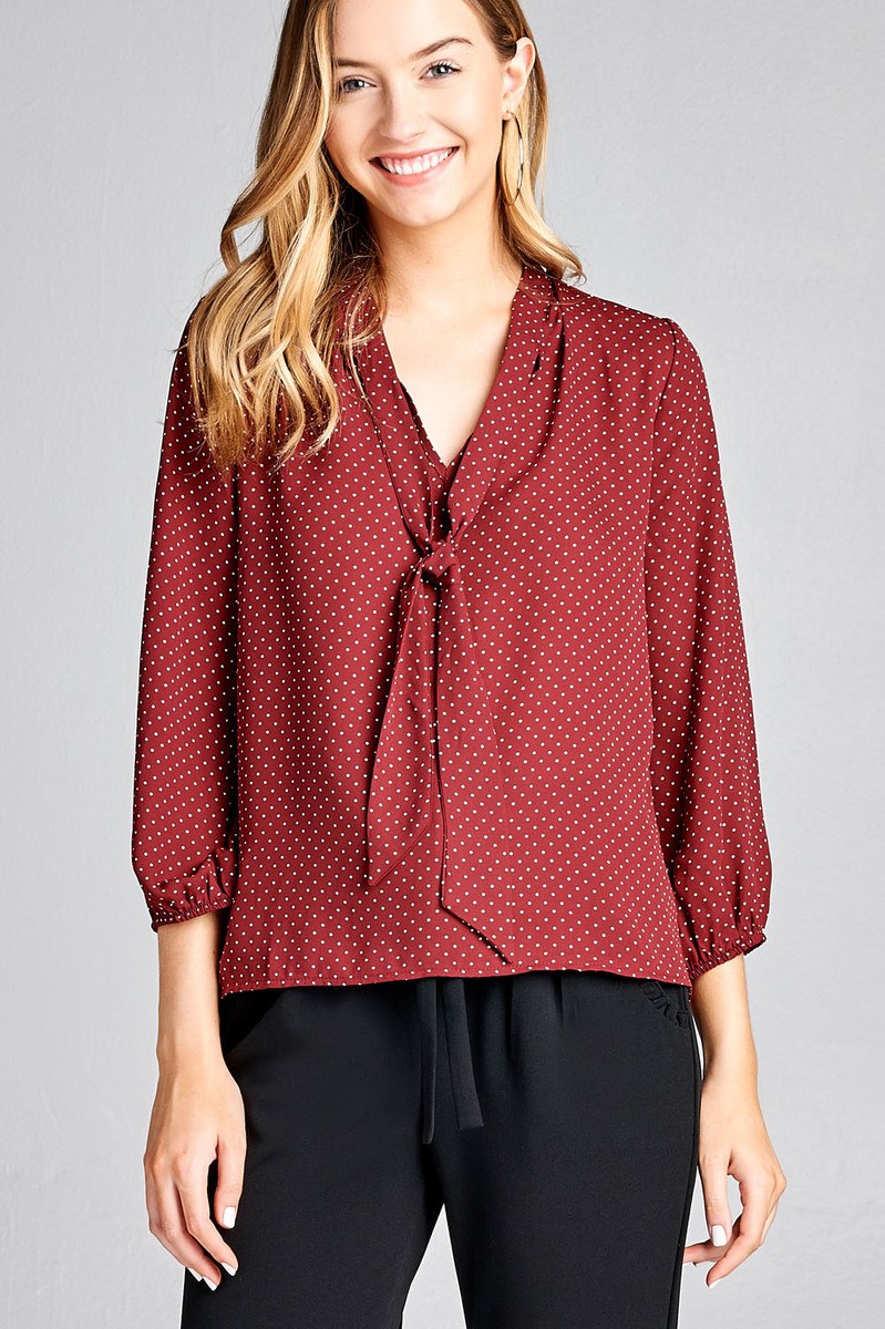 Ladies fashion 3/4 sleeve self bow tie neck back keyhole dot print woven top