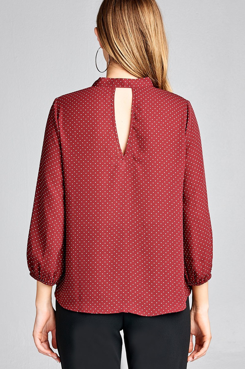 Ladies fashion 3/4 sleeve self bow tie neck back keyhole dot print woven top