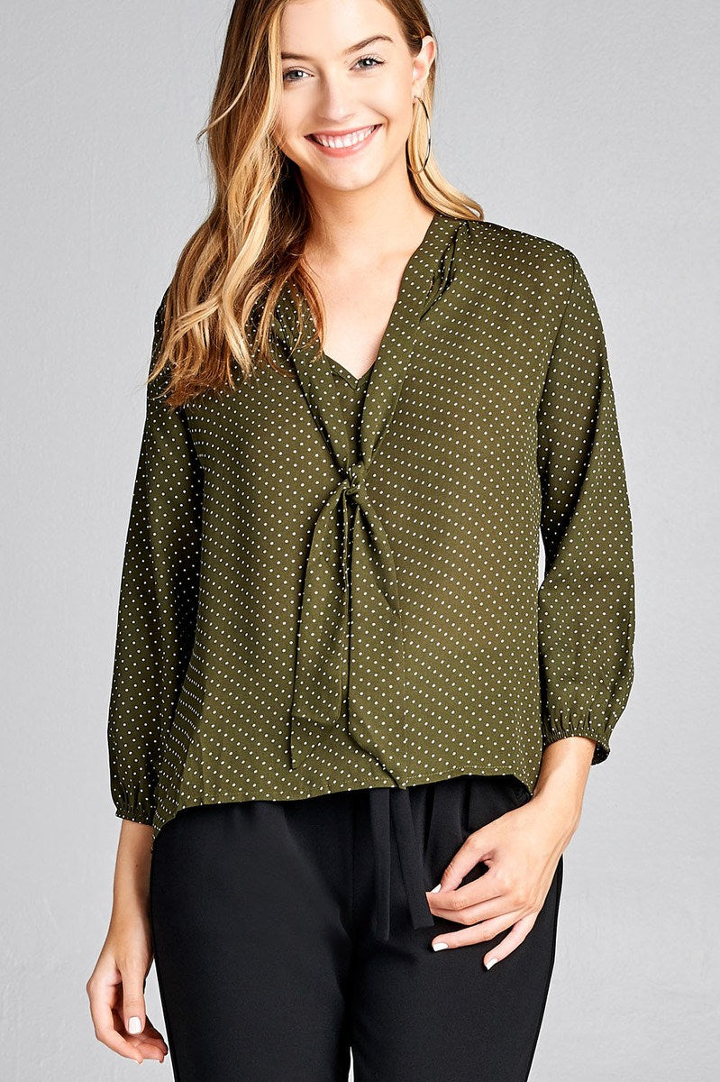 Ladies fashion 3/4 sleeve self bow tie neck back keyhole dot print woven top
