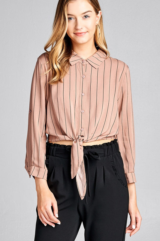 Ladies fashion 3/4 roll up sleeve front self tie w/button stripe rayon challis woven top