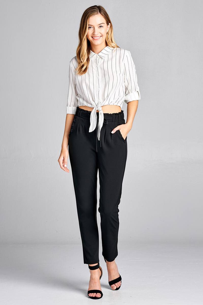 Ladies fashion 3/4 roll up sleeve front self tie w/button stripe rayon challis woven top