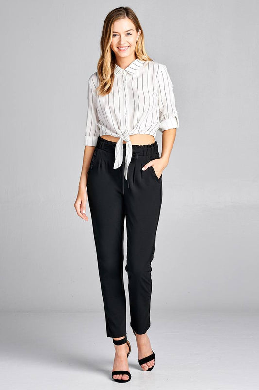 Ladies fashion 3/4 roll up sleeve front self tie w/button stripe rayon challis woven top