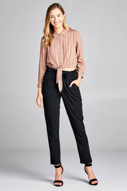 Ladies fashion 3/4 roll up sleeve front self tie w/button stripe rayon challis woven top