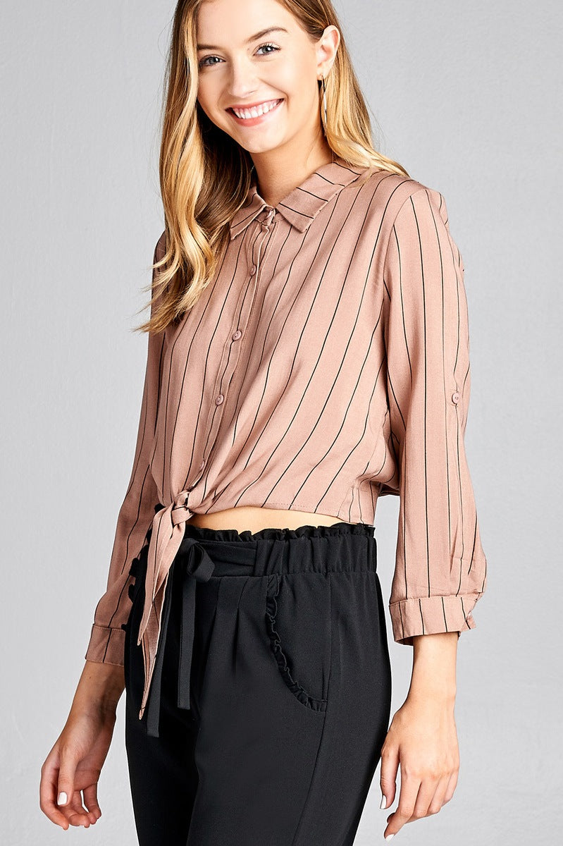 Ladies fashion 3/4 roll up sleeve front self tie w/button stripe rayon challis woven top