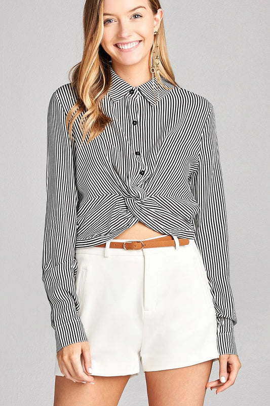 Ladies fashion long sleeve front knot w/button stripe rayon challis woven top