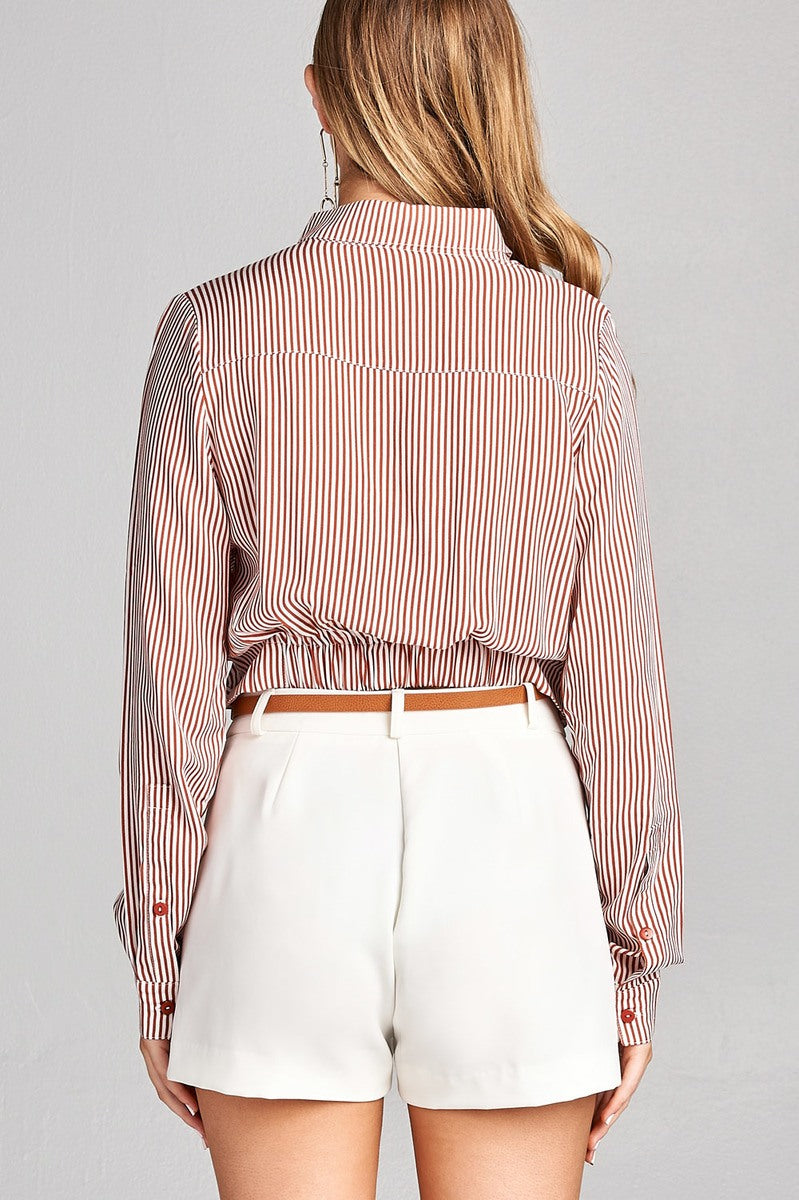 Ladies fashion long sleeve front knot w/button stripe rayon challis woven top