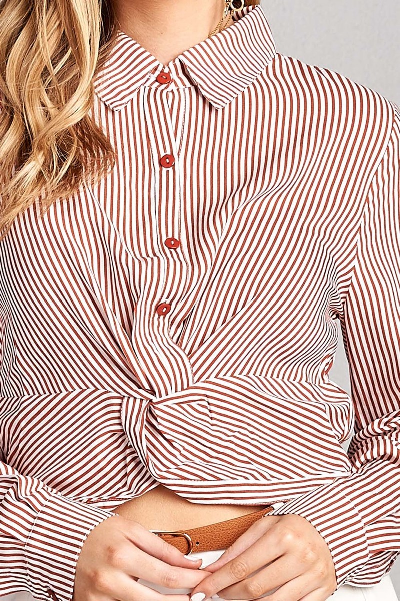 Ladies fashion long sleeve front knot w/button stripe rayon challis woven top