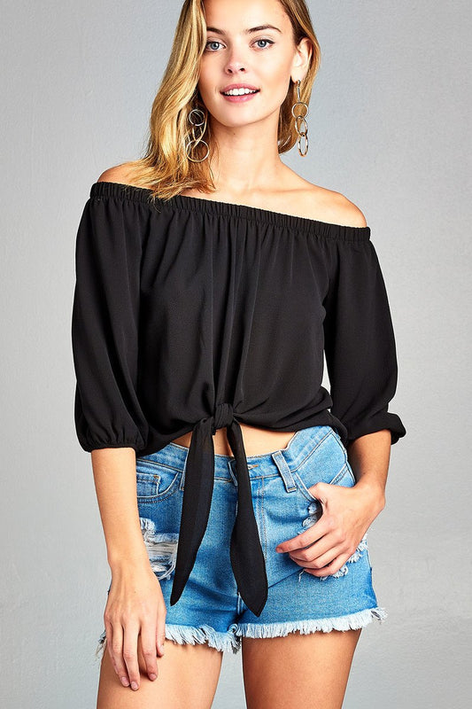 Ladies fashion 3/4 sleeve off the shoulder front self-tie crepe woven top