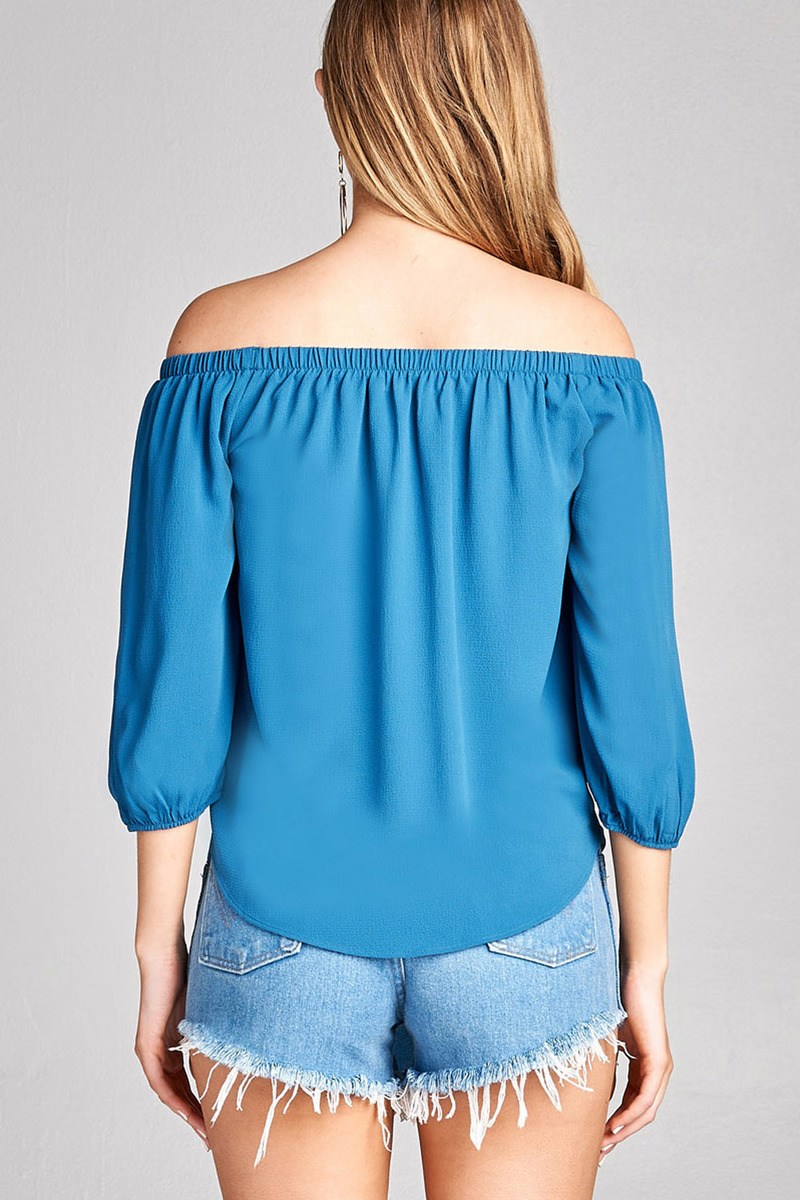 Ladies fashion 3/4 sleeve off the shoulder front self-tie crepe woven top