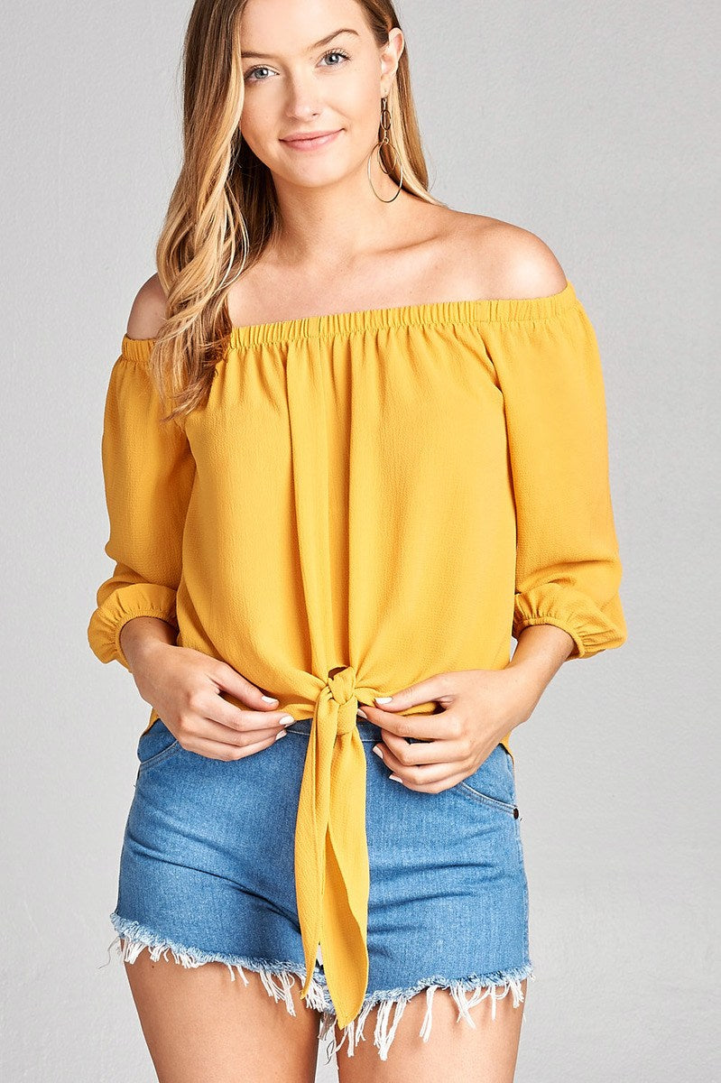 Ladies fashion 3/4 sleeve off the shoulder front self-tie crepe woven top
