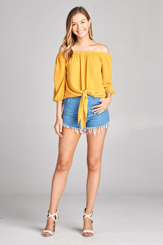 Ladies fashion 3/4 sleeve off the shoulder front self-tie crepe woven top