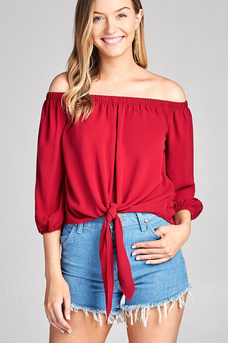 Ladies fashion 3/4 sleeve off the shoulder front self-tie crepe woven top