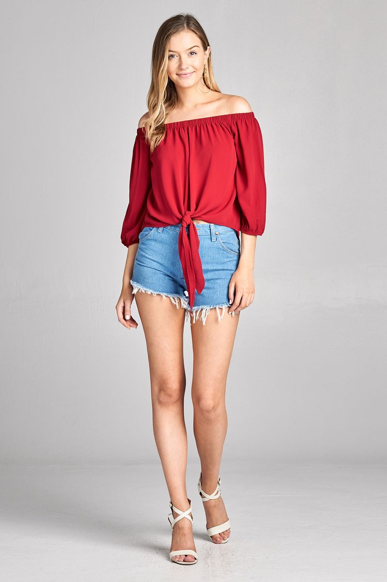 Ladies fashion 3/4 sleeve off the shoulder front self-tie crepe woven top