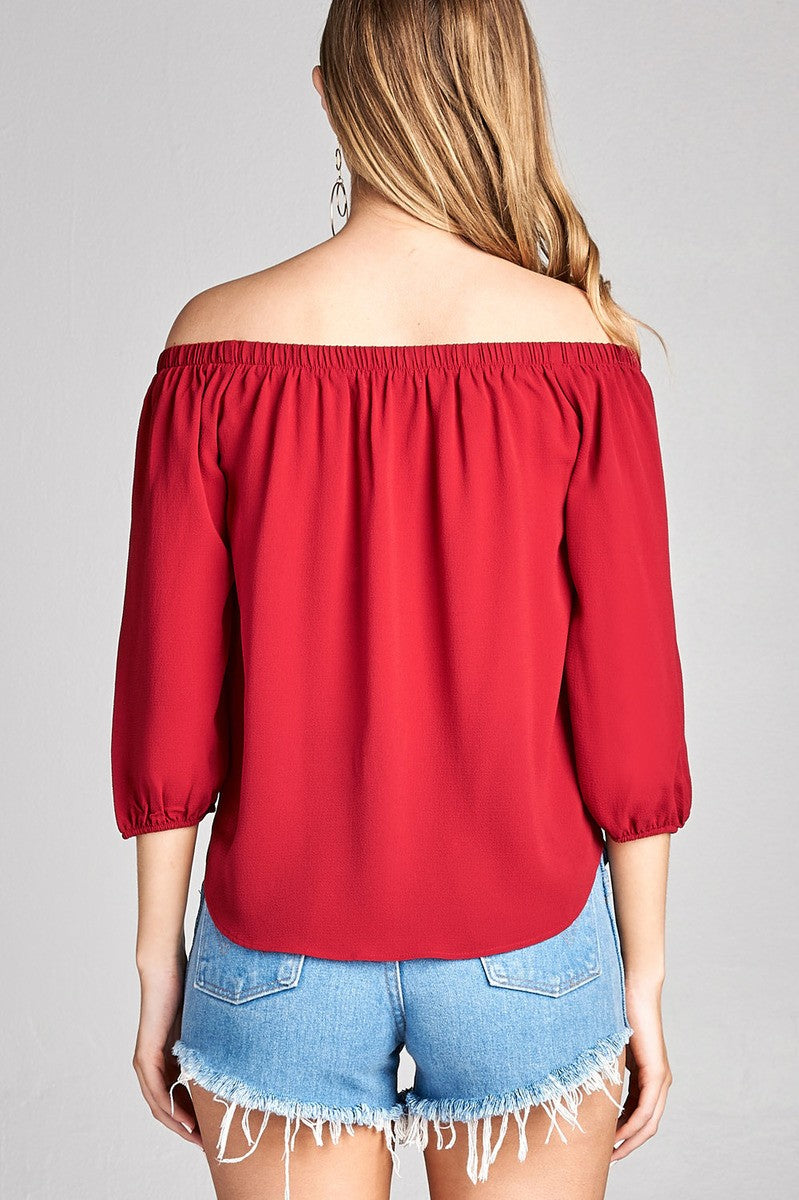 Ladies fashion 3/4 sleeve off the shoulder front self-tie crepe woven top