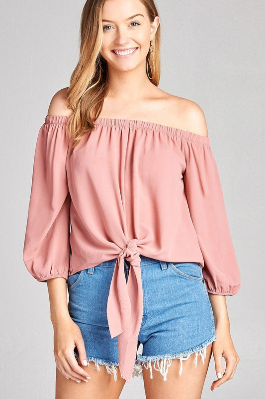 Ladies fashion 3/4 sleeve off the shoulder front self-tie crepe woven top