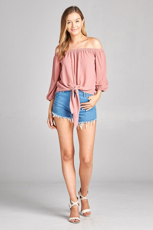 Ladies fashion 3/4 sleeve off the shoulder front self-tie crepe woven top