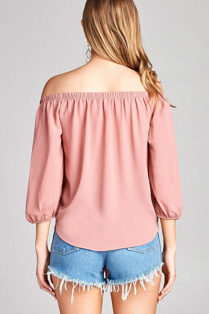 Ladies fashion 3/4 sleeve off the shoulder front self-tie crepe woven top