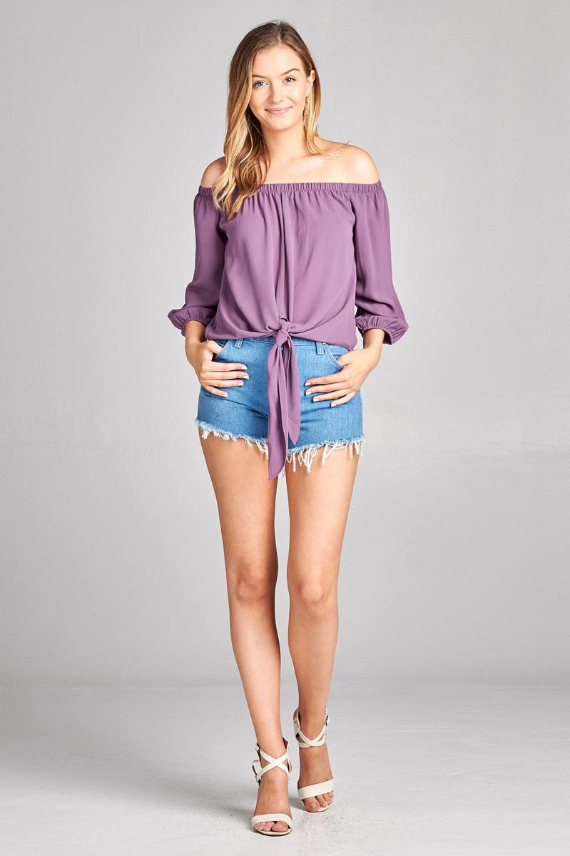 Ladies fashion 3/4 sleeve off the shoulder front self-tie crepe woven top