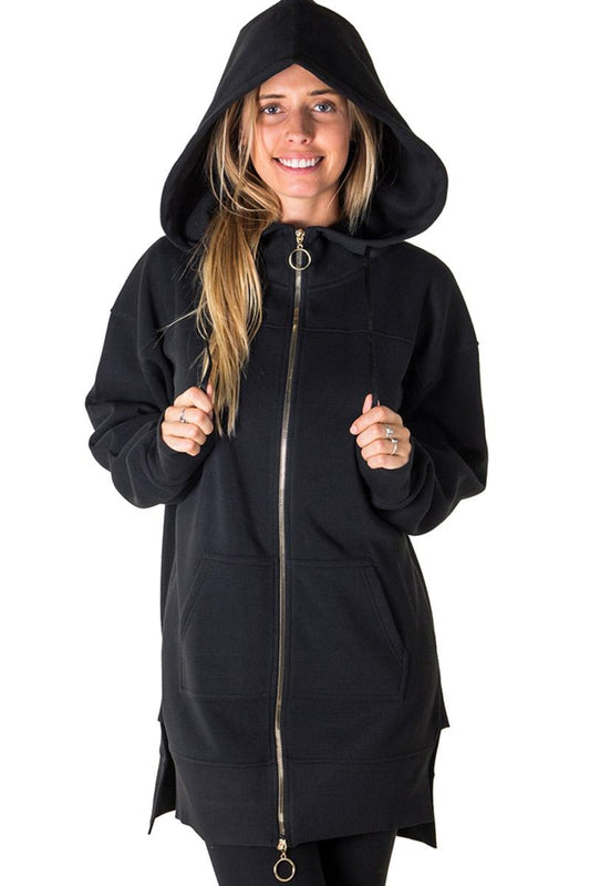 Ladies fashion fleece zip up sweatshirt oversize long hoodie outerwear jacket