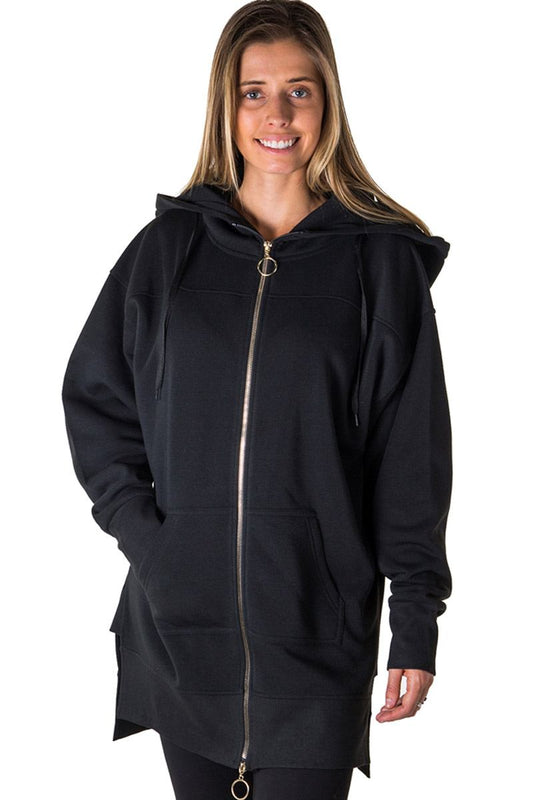 Ladies fashion fleece zip up sweatshirt oversize long hoodie outerwear jacket