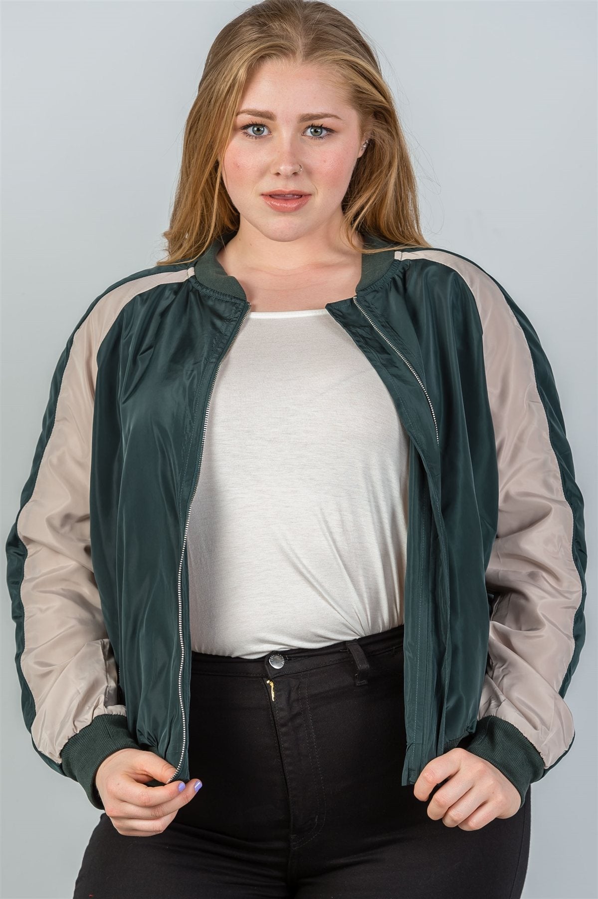 Ladies fashion plus size color block stand collar zipper long sleeve bomber jacket