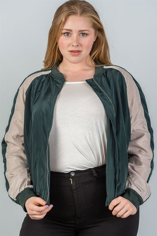 Ladies fashion plus size color block stand collar zipper long sleeve bomber jacket