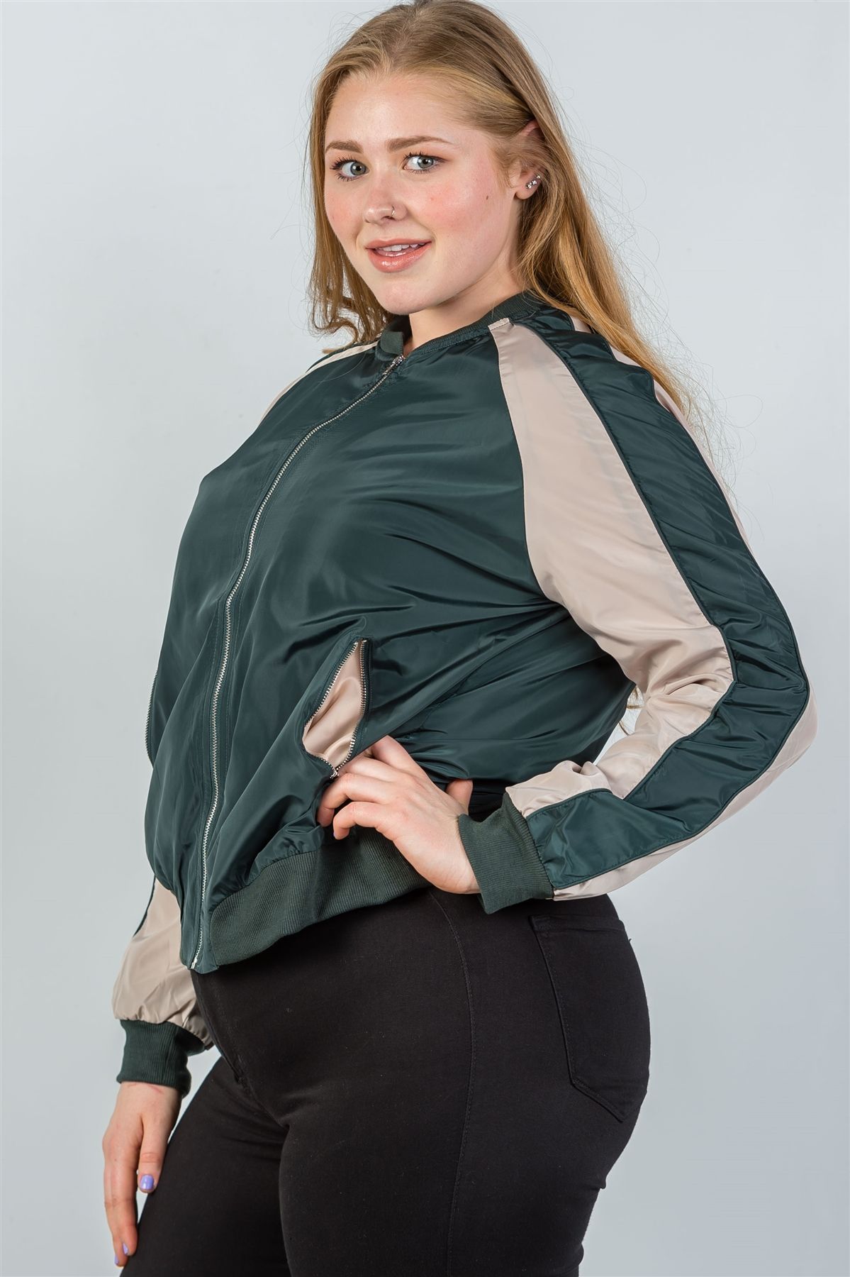 Ladies fashion plus size color block stand collar zipper long sleeve bomber jacket
