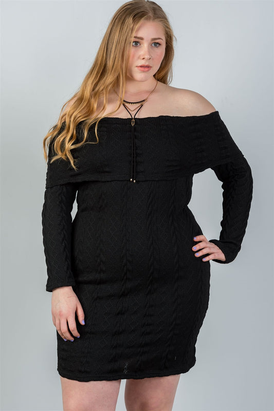 Ladies fashion plus size off the shoulder black ribbed long sleeve bodycon sweater dress
