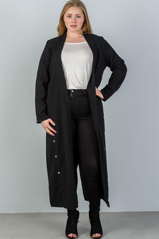 Ladies fashion plus size black back hem slit side button detail ankle length cardigan