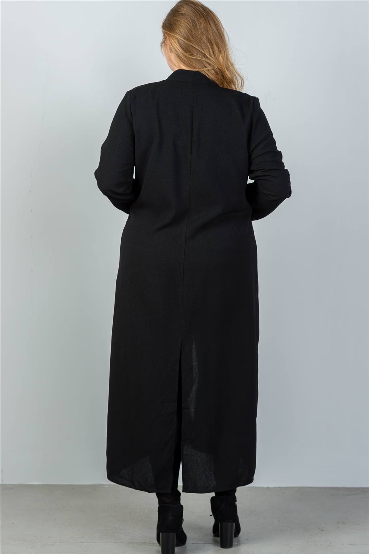 Ladies fashion plus size black back hem slit side button detail ankle length cardigan