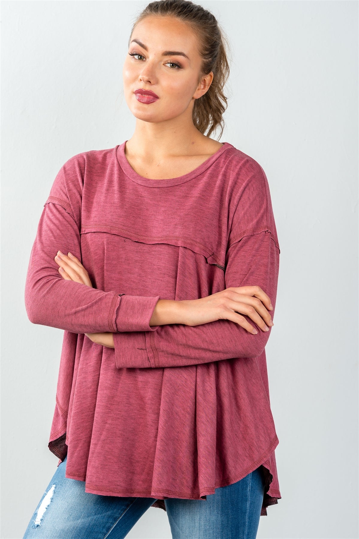 Ladies fashion long sleeve hi-low oversized sweatshirt