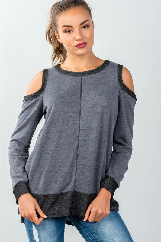 Ladies fashion cold shoulder hi-low colorblock sweatshirt