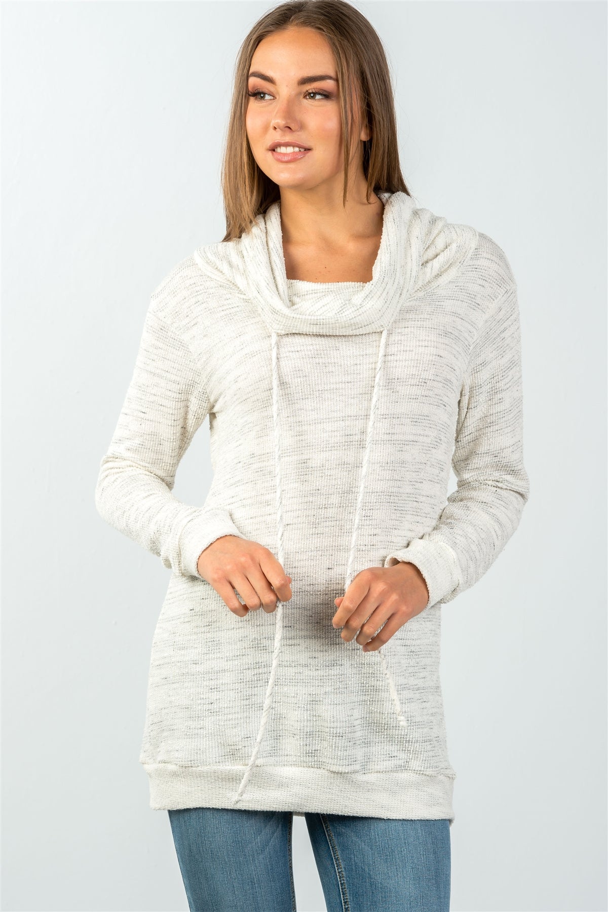 Ladies fashion long sleeve cream cowl neck pullover