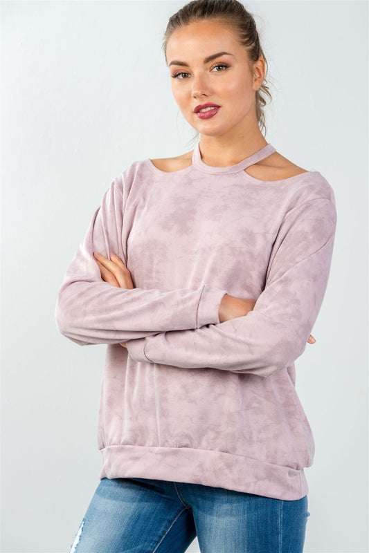 Ladies fashion acid washed rose round neck cutout pullover