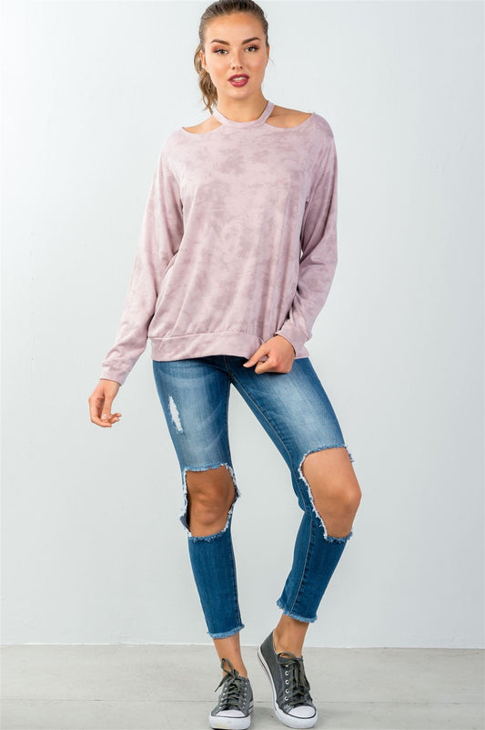 Ladies fashion acid washed rose round neck cutout pullover