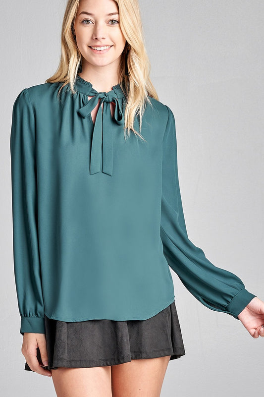 Ladies fashion long sleeve v-neck w/self tie detail wool dobby woven top
