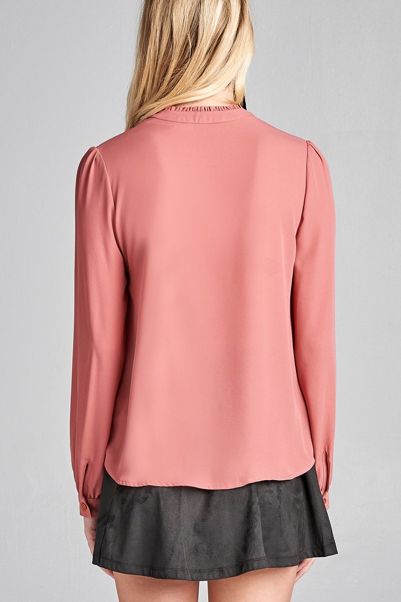 Ladies fashion long sleeve v-neck w/self tie detail wool dobby woven top