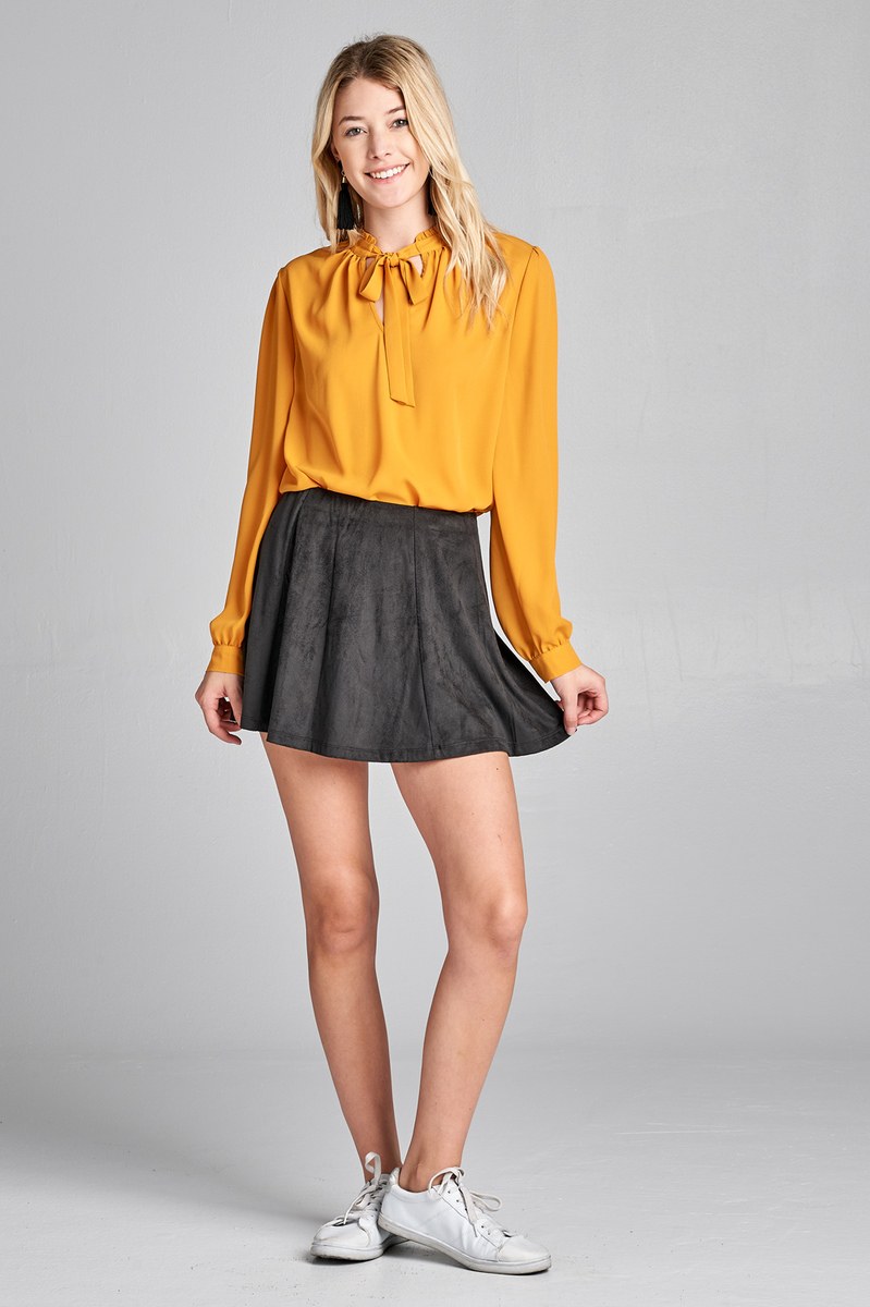 Ladies fashion long sleeve v-neck w/self tie detail wool dobby woven top
