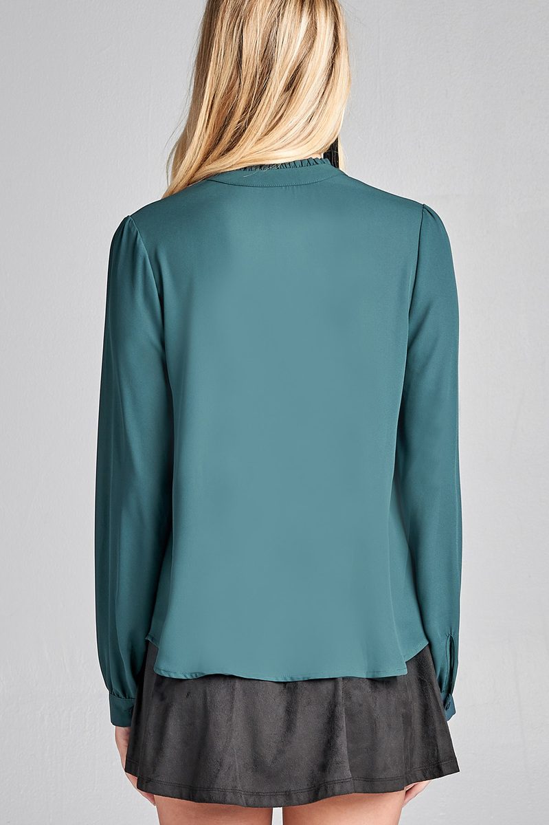 Ladies fashion long sleeve v-neck w/self tie detail wool dobby woven top