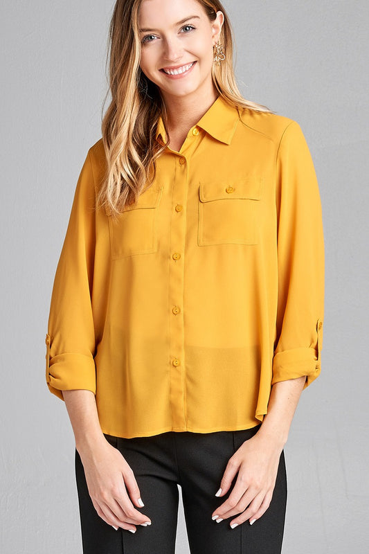 Ladies fashion long sleeve front pocket chiffon blouse w/ back button detail