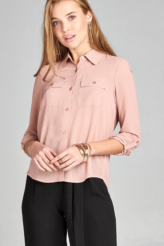 Ladies fashion long sleeve front pocket chiffon blouse w/ back button detail