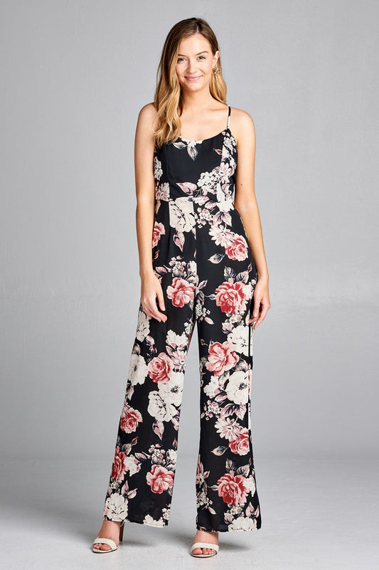 Ladies fashion v-neck back cross strap closure floral print long leg cami jumpsuit