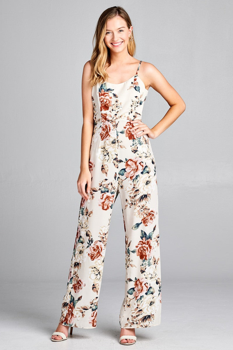 Ladies fashion v-neck back cross strap closure floral print long leg cami jumpsuit