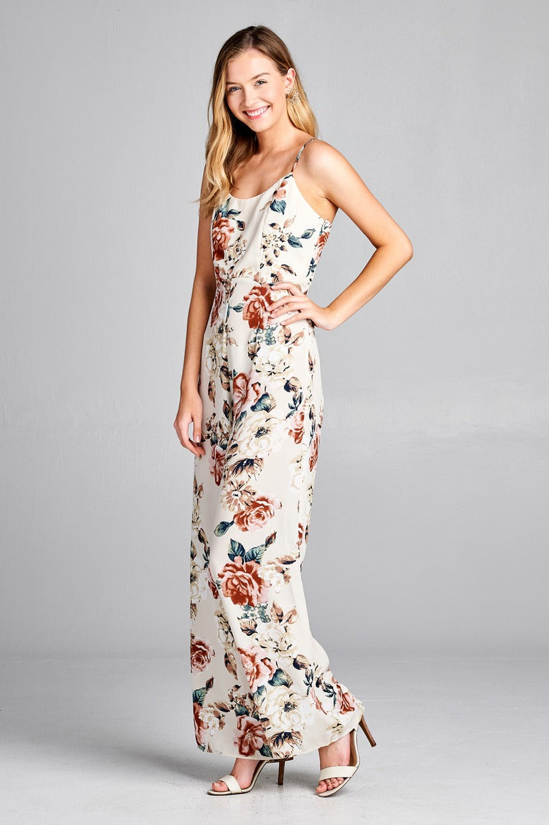 Ladies fashion v-neck back cross strap closure floral print long leg cami jumpsuit